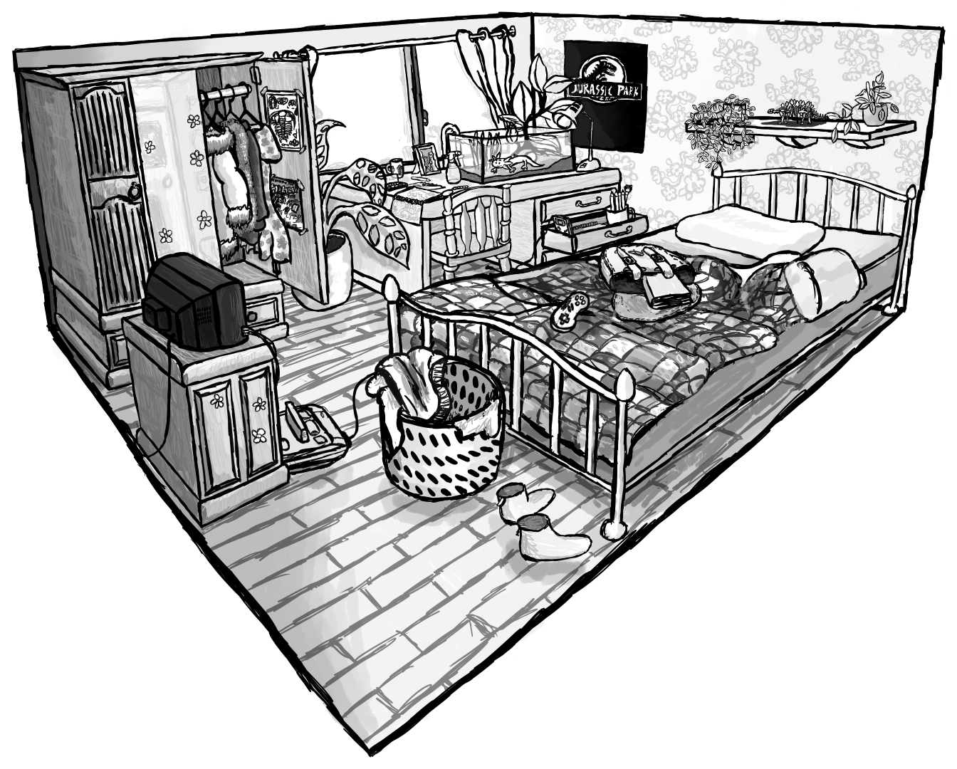 Black and white illustration of a child's bedroom, filled with a variety of items. Image is a cutaway designed to show as much as possible and give the viewer an idea of the sort of character who might live in the space. The room has a variety of indoor plants, a pet axolotl in a tank and a video game console among other things and looks well lived in and not overly neat or tidy.